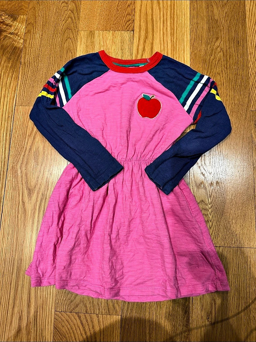 Boden Girls Color Block Apple raglan sleeve stripe Dress Size 3-4Y navy pink red